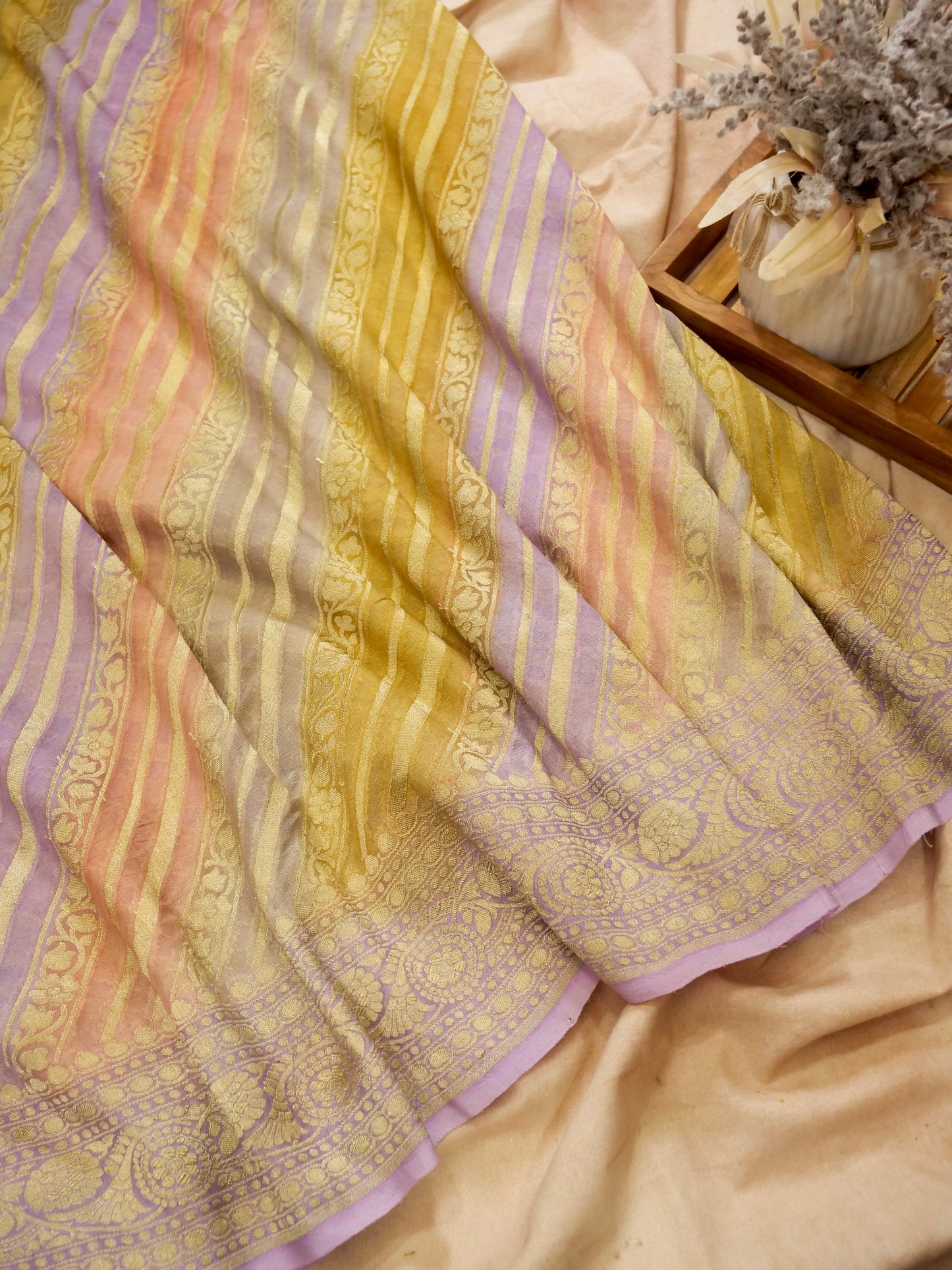 Pure Banarasi Handloom Khaddi Georgette Platinum Multi Saree