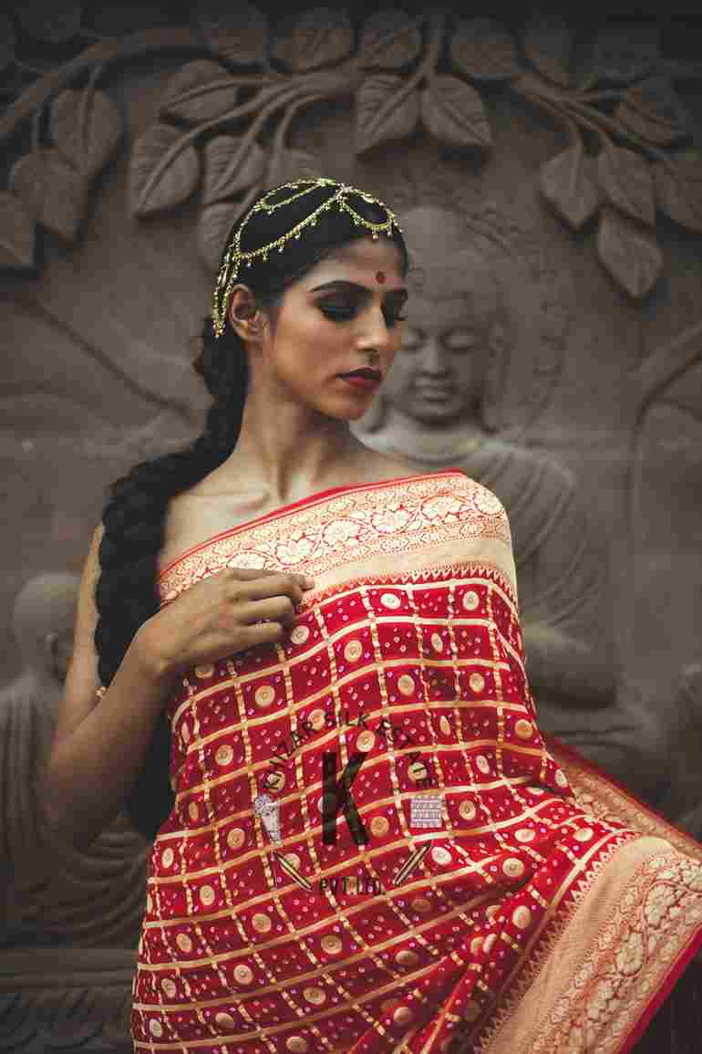 Pure Banarsi "Red Khaddi Bhandej Georgette Hand Craft Saree"