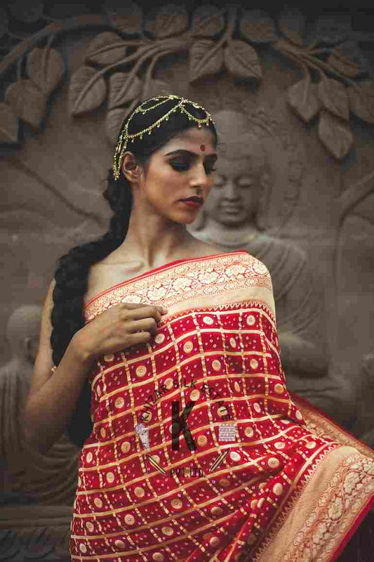 Pure Banarsi "Red Khaddi Bhandej Georgette Hand Craft Saree"