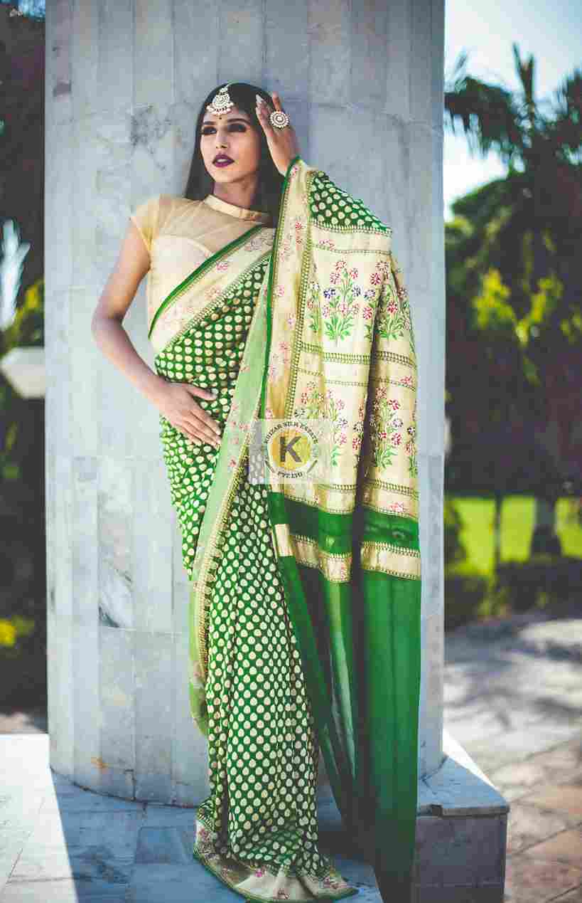 Pure Banarsi "Green Khaddi Georgette Saree Hand Craft"